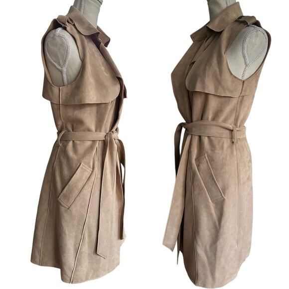 Bebe Warm Taupe Faux Suede Trench Coat Vest Women’s XS Belted Soft Layering - Picture 2 of 6
